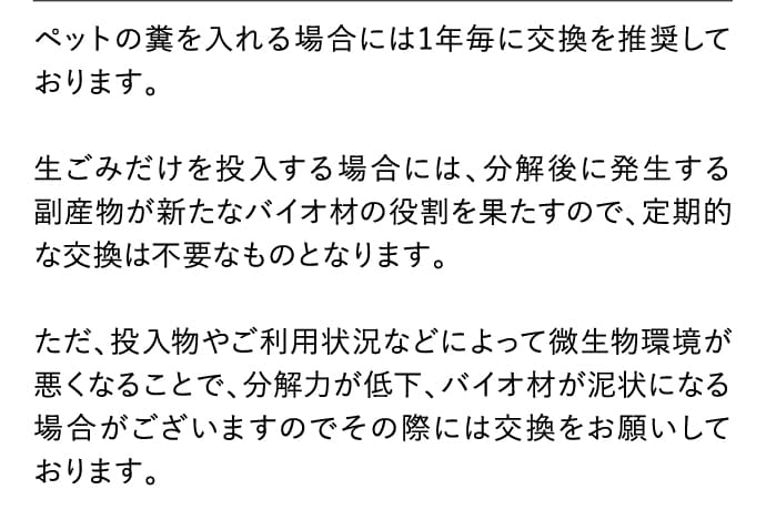 ペットの糞を入れる場合には1年毎に交換を推奨しております。