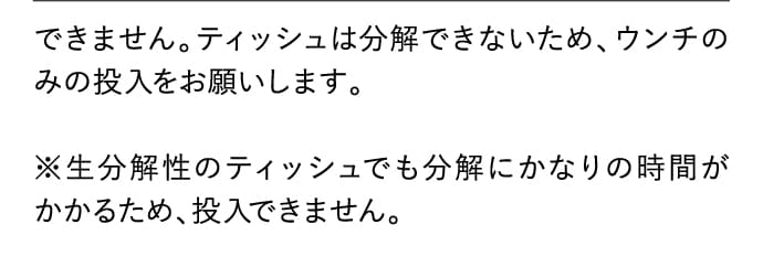 できません。ティッシュは分解できないため、ウンチのみの投入をお願いします。
