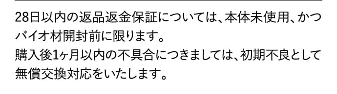 28日以内の返品返金保証は本体未使用・バイオ材開封前に限ります